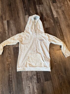 Light Gray Lace-Sleeve Hoodie with Subtle Logo